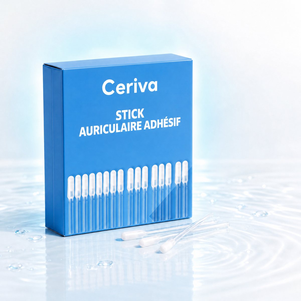 Packshot : boîte Ceriva ouverte + stick, fond blanc #FFFFFF