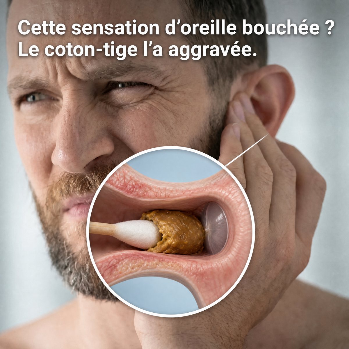 Illustration en coupe : coton-tige qui tasse le cérumen dans le conduit